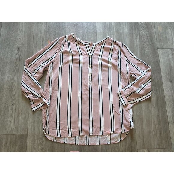 Loft Petites Pink & Black Striped Button-Front Blouse MP - Picture 4 of 7